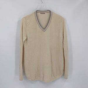 Hemisphere cashmere v-neck cream sweater women gray tan stripe 40 Medium
